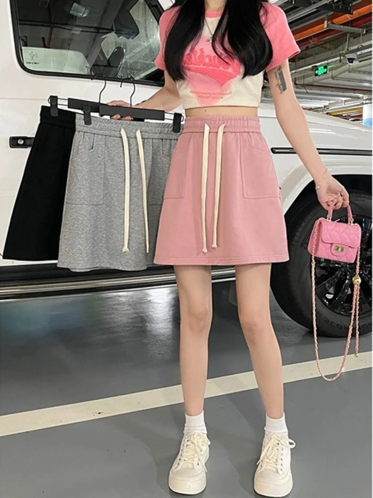 

Женская юбка А-силуэта больших размеров, свободного кроя, с завязками, летняя, повседневная, с высокой талией, в корейском стиле, однотонная, короткая юбка для офиса