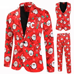 Christmas Suits for Men 3 Piece Uniform Daily Outfits Snowflake Snowman Tree Print Blazer Jacket Pants Vests Male Set for Xmas