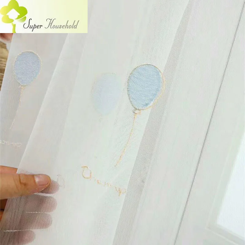 White Yarn Cartoon Balloon Embroidered Tulle Curtains for Children\'s Room Kids Bedroom Sheer Window Screens