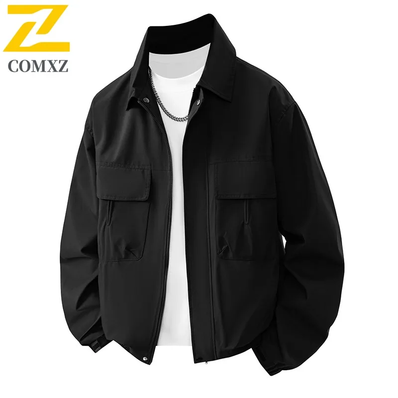 

COMXZ Men Windbreaker Coat Loose Lightweight Turndown Collar Outdoor Cycling Motocross Coats Autumn Trendy Multi Pocket Jacket