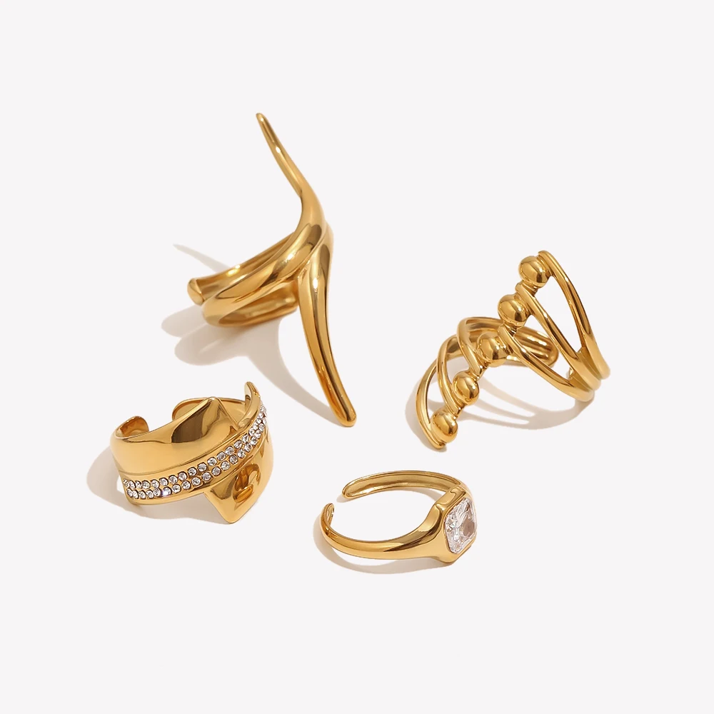 E.B.belle Geometric Abstract Crystal Square Zircon Open Ring 18K Gold Plated Stainless Steel Rings Minimalist Women Jewelry