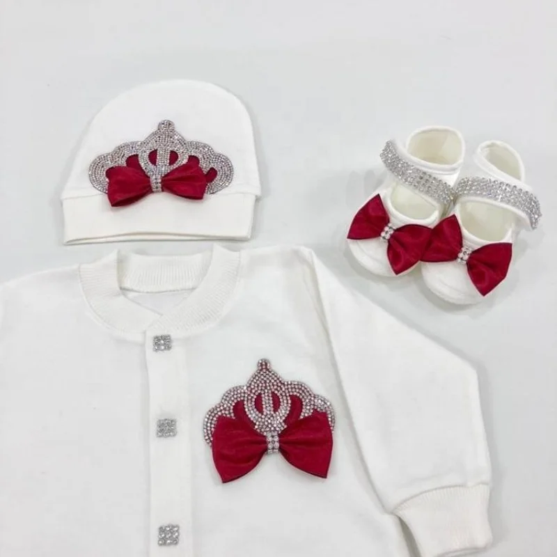 Newborn Baby Footed Romper 0-9 Months 4Pcs Off White Burgundy Silver Rhinestone Crown Bow Long Sleeve Jumpsuit Royal Boutique