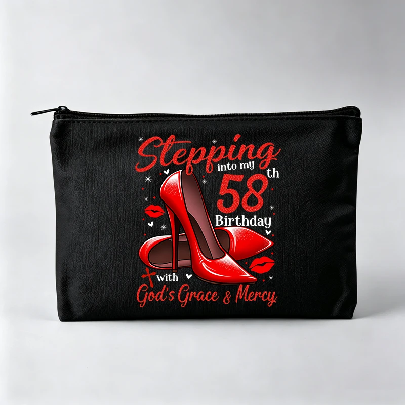 High Heel and Lipstick Print Makeup Bag, Letter Graphic Cosmetic Pouch for Daily Use