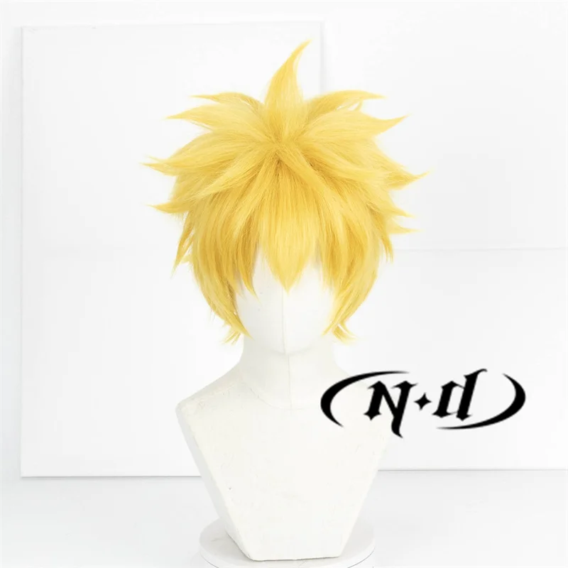 ND Anime Cosplay Wig Uzumaki Cosplay Hair Yellow Short Fluffy Layered Hair Heat Resistant Synthetic Kanekalon Hair Wig for Party