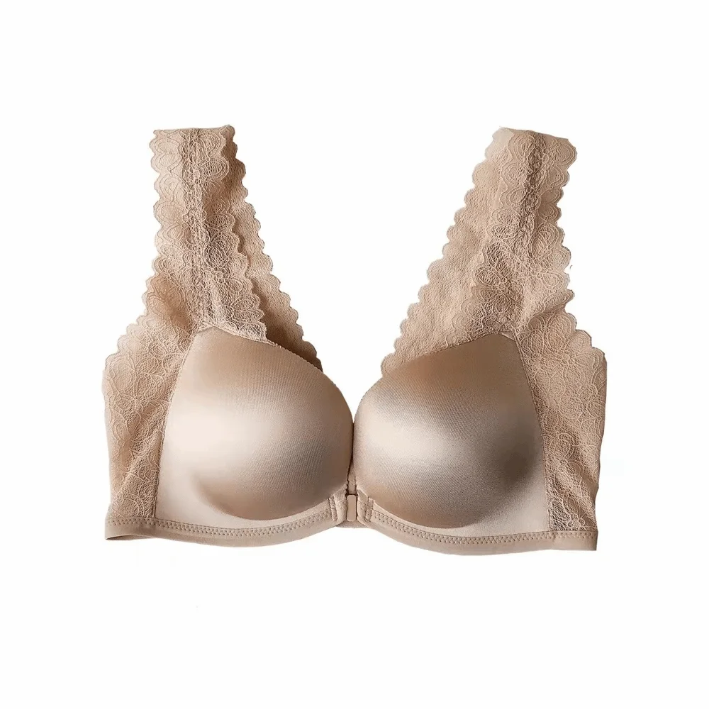 Lace Lace Front Buckle Bra Gather Seamless Beauty Back Bra Wireless Deep V Bra without Steel Ring Small Chest Anti-sagging