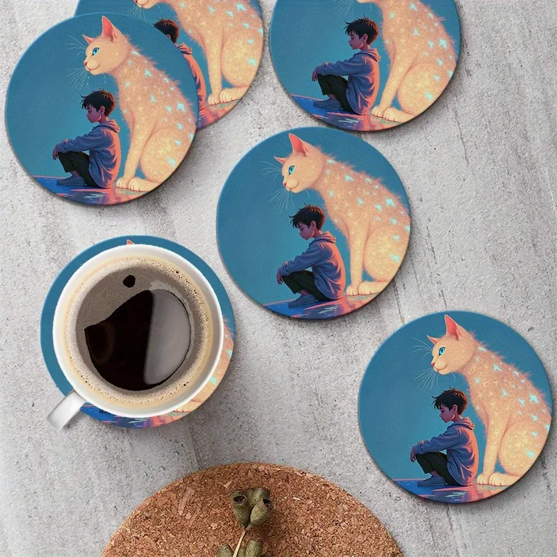 6-Piece Set of Recycled Wooden Coasters with Anime Boy and Cat Designs - Japanese Manga Style Heat-Resistant Round Table Protectors, 4inch Cup Holders for Coffee, Tea, Beer - Housewarming, Father's Day, Graduation Gifts (Hand Wash Only) - Blue and White Minimalist Home Decor, Suitable for Home, Office, Bar - Ideal Choice: Anime Fans, Home Decor, Graphic Art, Crafts, Drink Mats, Etc