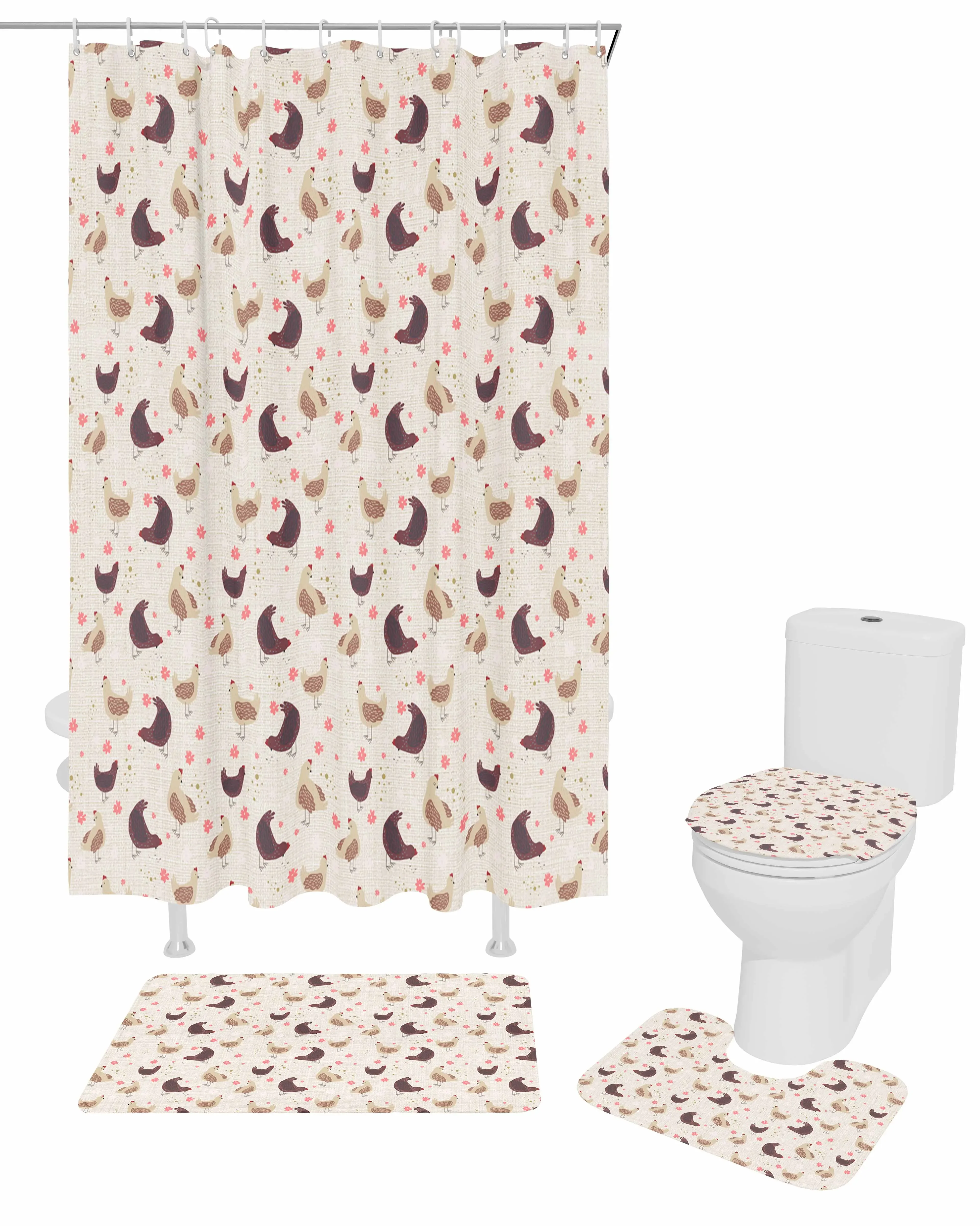 Animal Patterned Flowers Polyester Printed Shower Curtain Bathroom Set Luxury Curtain Abstract 4-piece Set Coral Velvet Foot Mat