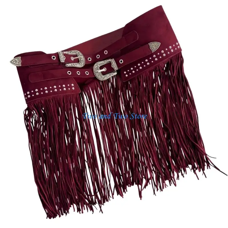 

HX6F Wide Wine Red Skirt Belt with Fringe for Daily Outfit Styling