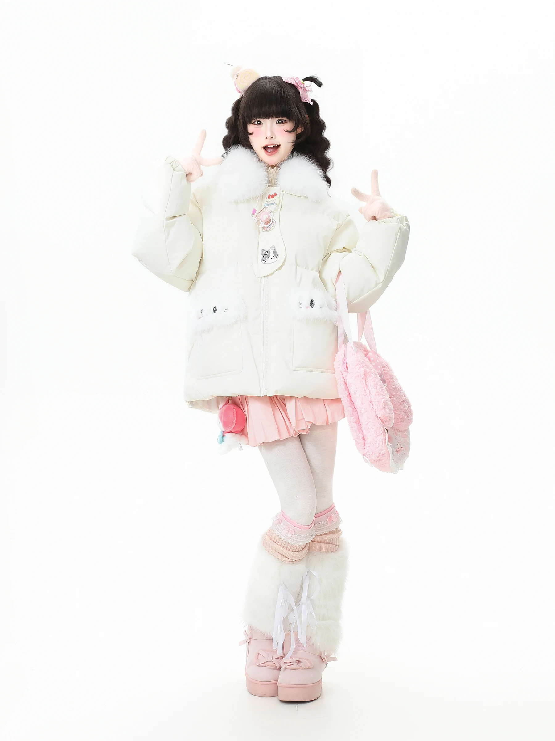 سترة قطنية مطرزة على شكل قطة سميكة باللون الأزرق اللطيف للنساء معطف قطني دافئ وردي مشمش للشتاء #5