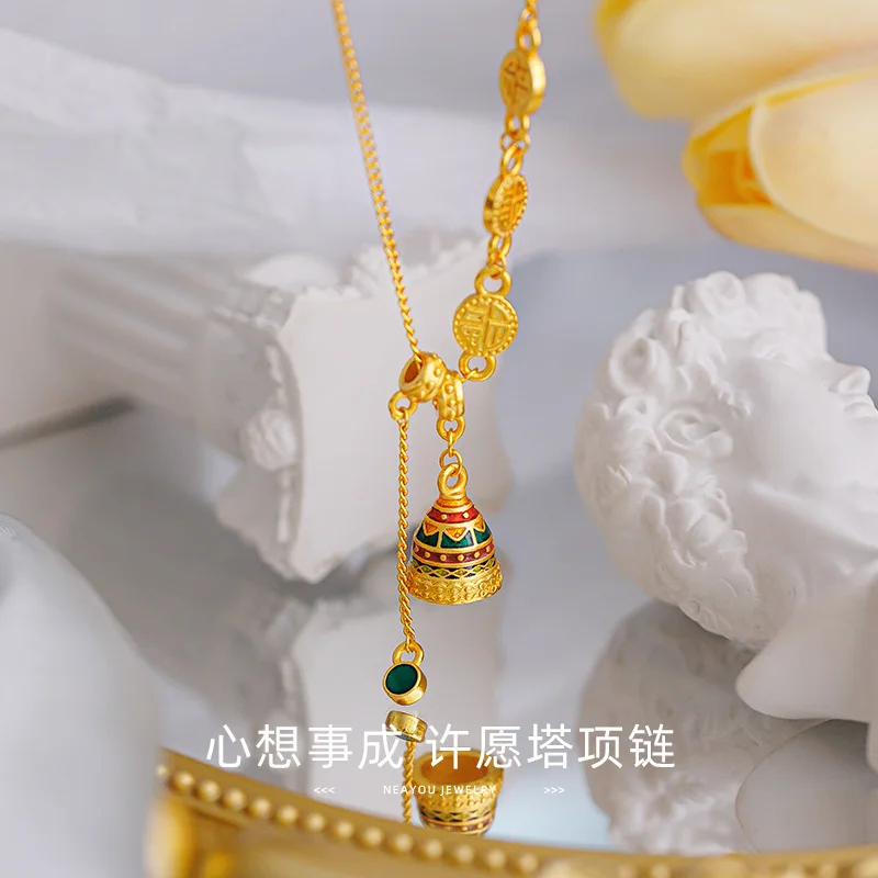 

9999 Real Gold 24K Ancient Tibetan Yuanfu Wishing Set Chain New Chinese Design Enamel Craft Women's Necklace