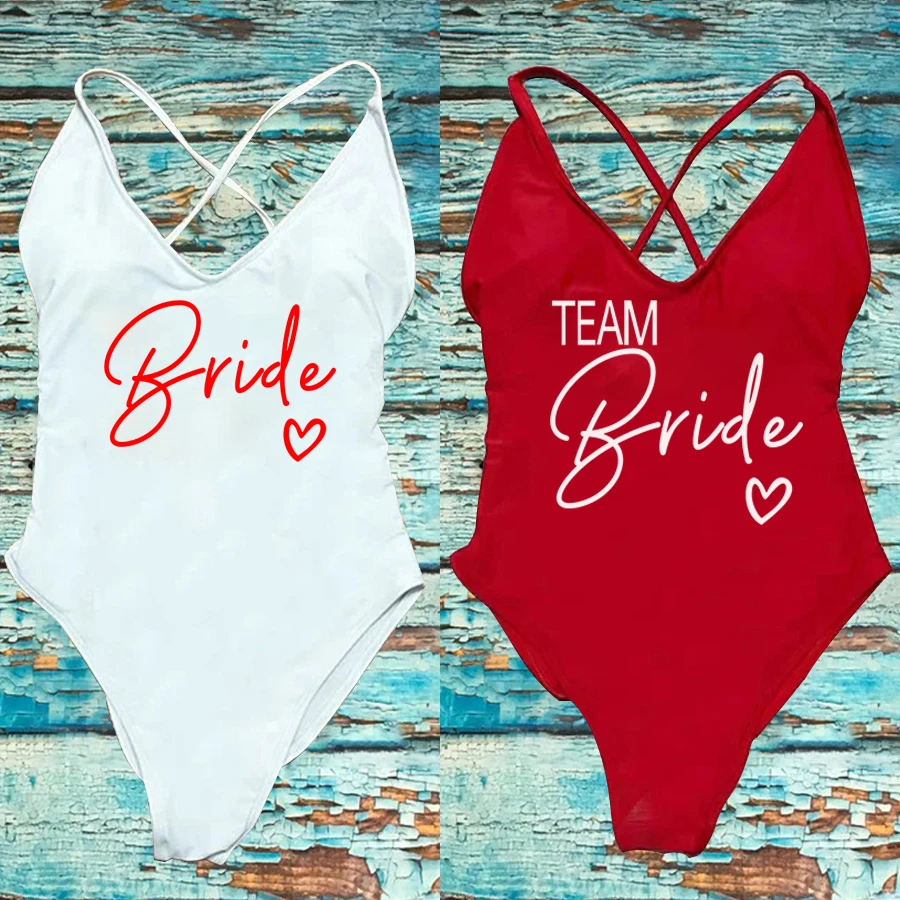 TEAM BRIDE love Swimwear donna costume intero Sexy Bikini imbottito costume da bagno donna Plus Size Beachwear addio al nubilato