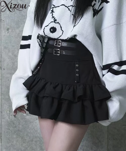 Women Black Gothic A-line Vintage Y2k Skirt Fashion Harajuku Kawaii High Waist Leather Buckle Women's Asual Skirts Summer
