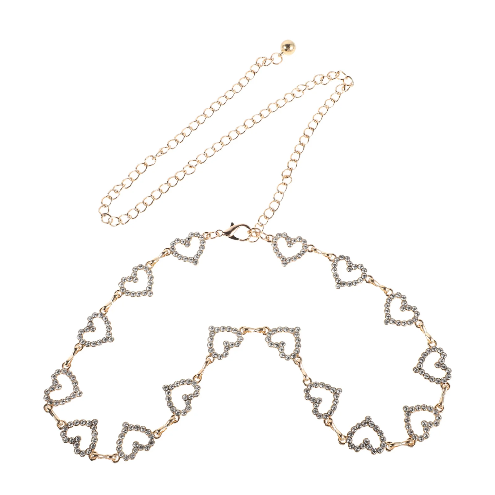 

Sparkling Heart Rhinestone Waist Chain Adjustable Golden Metal Body Belt For Women 44 Inch Beach Dress Festival Jewelry