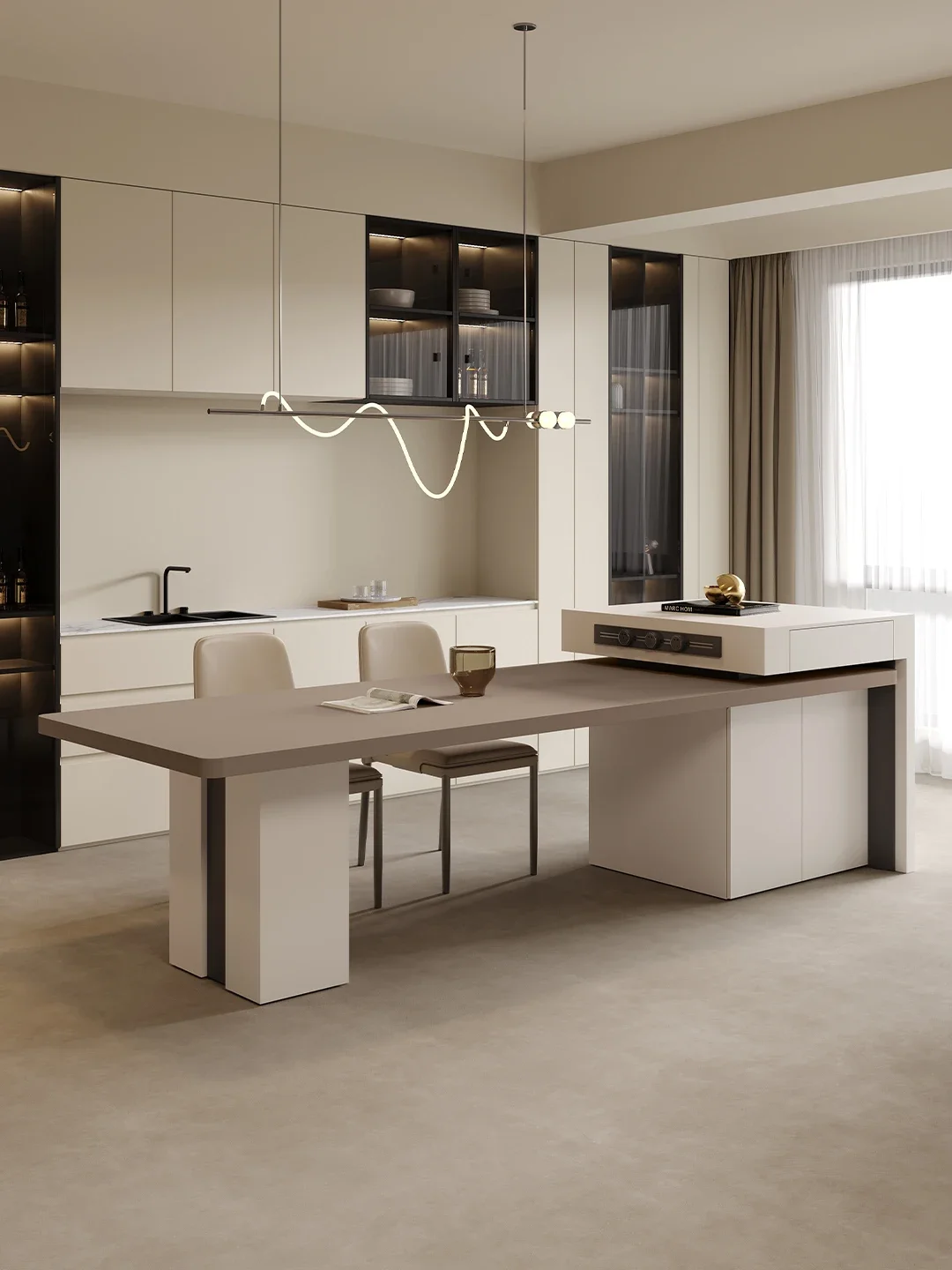 Italian minimalist open kitchen with retractable dining table, thickened rock island table, dining table