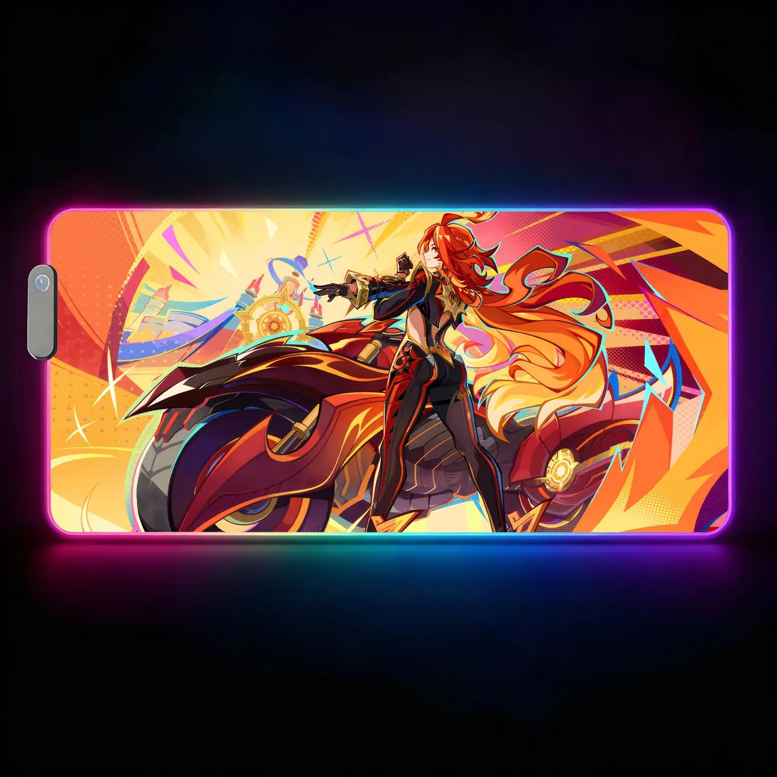 Large RGB backlit esports gaming mouse pad, Genshin Impact Mavuika smooth soft cloth surface, LED luminous extended desk mat