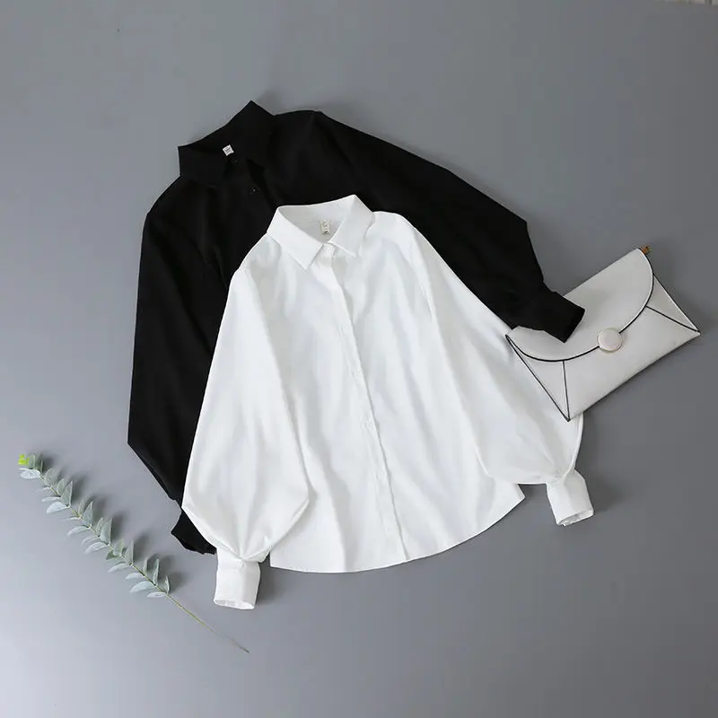 Lantern Sleeves Vintage Shirts Women Elegant White Womens Blouse with Lush Sleeves 2024 Fashion Button Up Shirt Black dropship