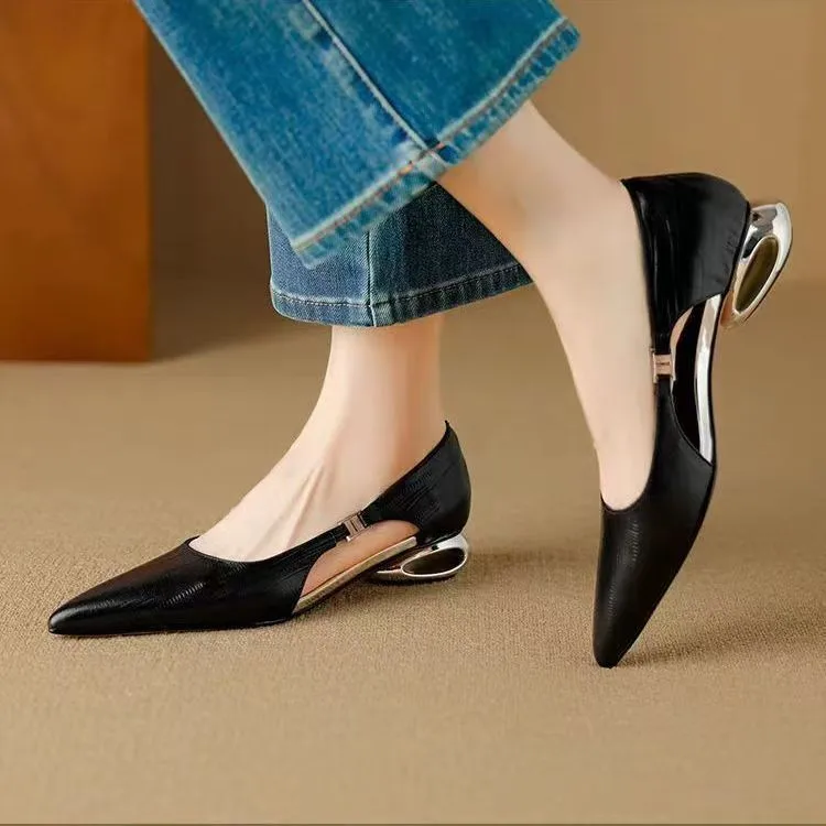 Women's Sheepskin Hollow Pointed Flats 2026 Summer Hot Style Shallow Low-Heeled Commuter Elegant Heels