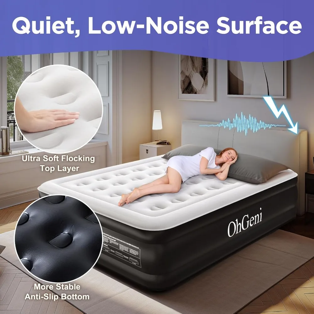 Queen Air Mattress with Built in Pump,  Low Noise Surface Portable Colchone Inflable,  for Home and Guest, Inflatable Mattress