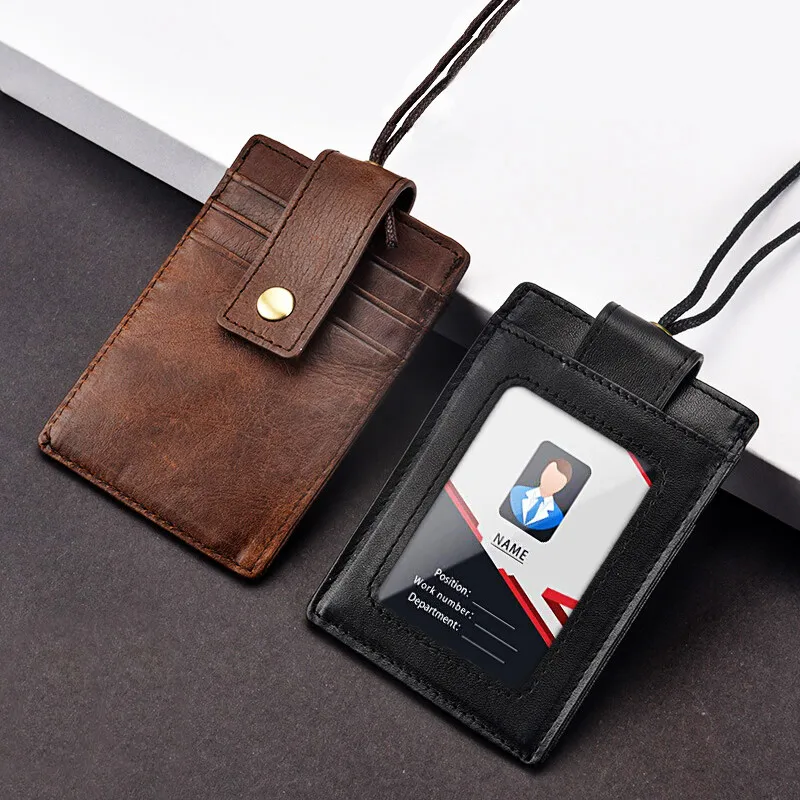 Real Leather Badge ID Card Holder RFID Protected Credit Card Pouch with Lanyard Staff Student Reporter Work Card Case Holder