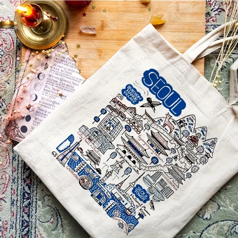 Seoul corea Tote Bag in tela a tema Seoul Souvenir Gift Seoul City borse a tracolla pieghevoli alla moda per il viaggiatore miglior regalo per lei