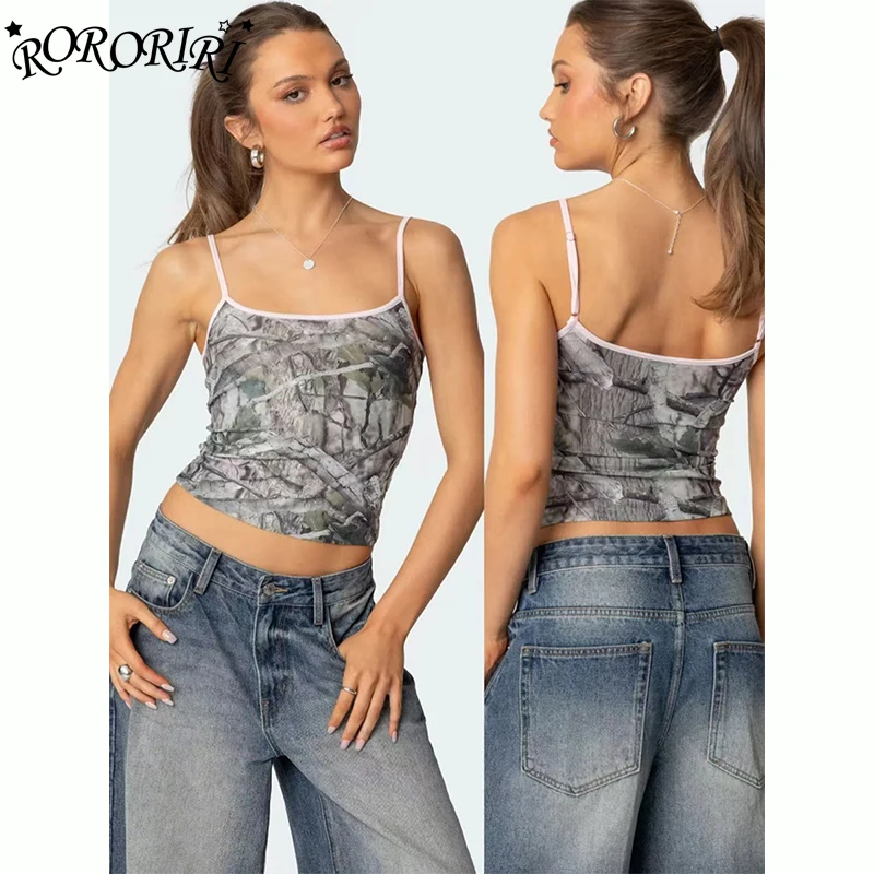 

RORORIRI Vintage Gray Branch Print Camisole Women Sleeveless Spaghetti Straps Crop Top Backless Sling Vest Grayu Summer Clothes