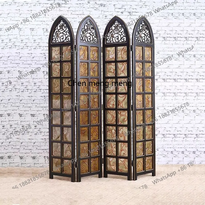 

French solid wood folding screen porch partition mobile medieval hollow carved hand-painted glass screen