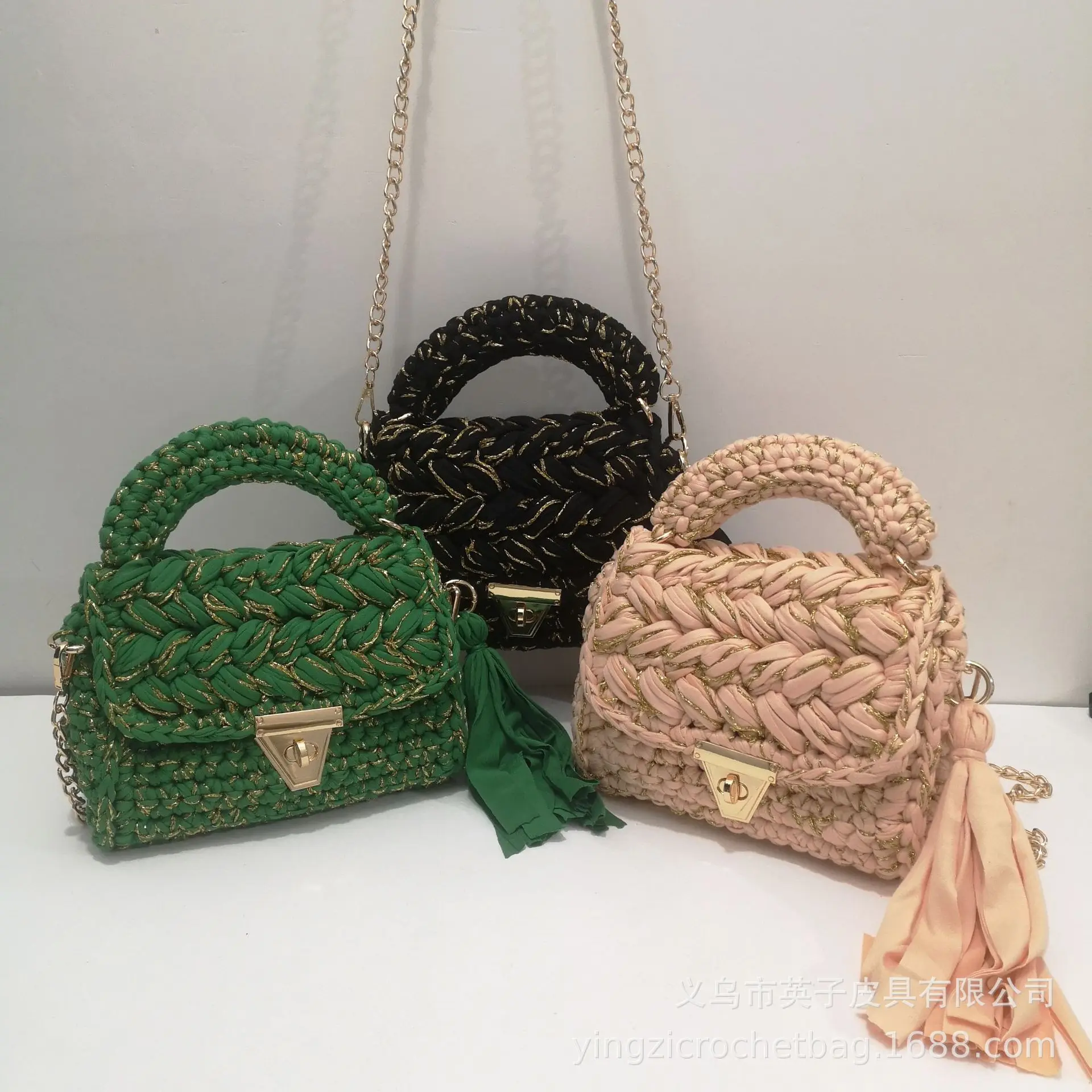 2024 New Cloth and Gold Crochet Handbag Women\'s Crossbody Tassel Small Square