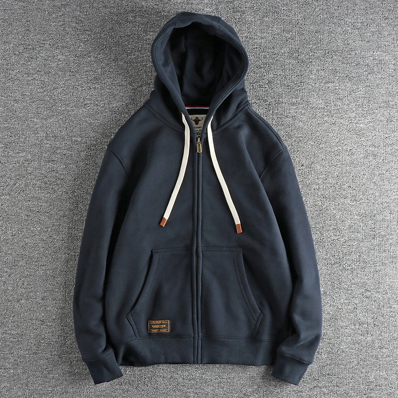 Autumn Winter American Retro Heavyweight Long Sleeved Hooded Hoodies Men\'s Simple Thickened Velvet Casual Cardigan Sweatshirts