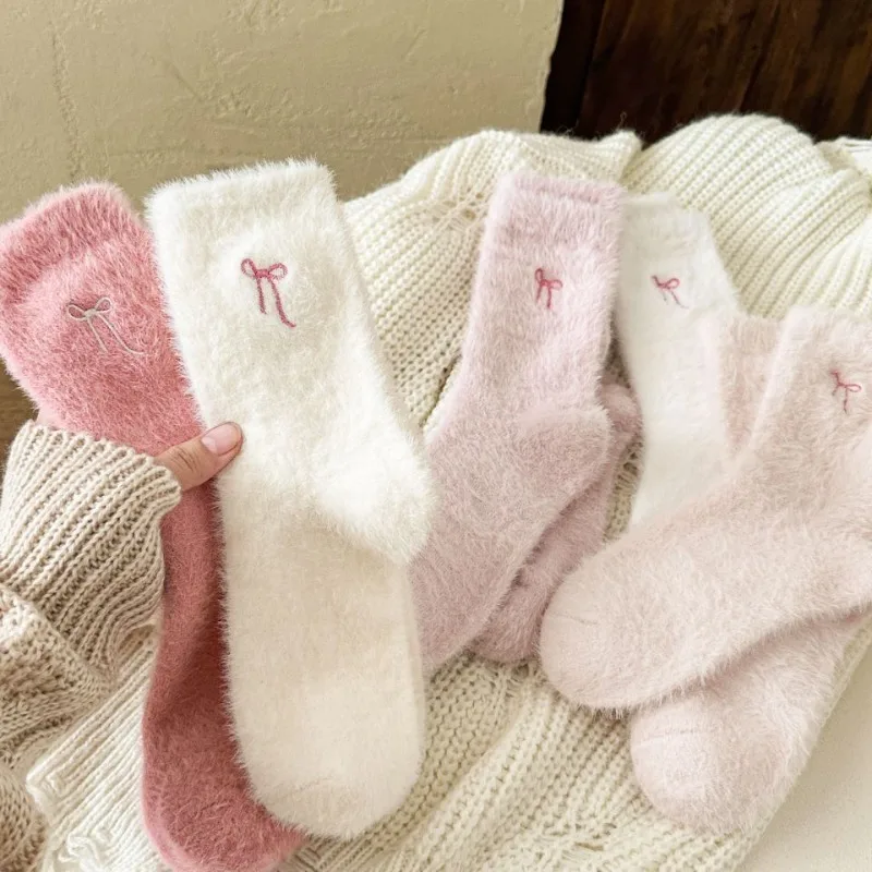 5 Pairs Bow‑Tie Fluffy Socks Sweet Embroidery Bow Women's Thickened Mink Socks Home Sleep Warm Socks for Girls XKWZ10
