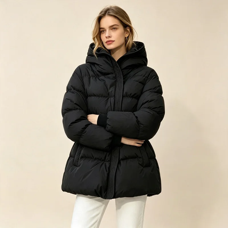 Schinteon Women White Down Jacket with Hood Solid Color Fashionable Autumn Winter Warm Outwear Parka Belt 2026 New Real Pictures