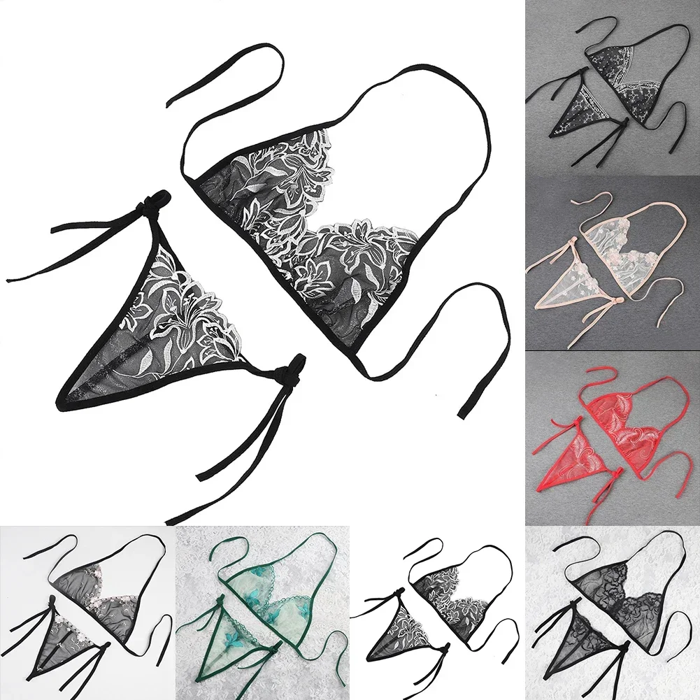 جنسي الملابس الداخلية النساء السيدات بيكيني المطرزة زهرة 3 نقطة شاش شفاف الدانتيل يصل الصدرية + ثونغ كلوبوير