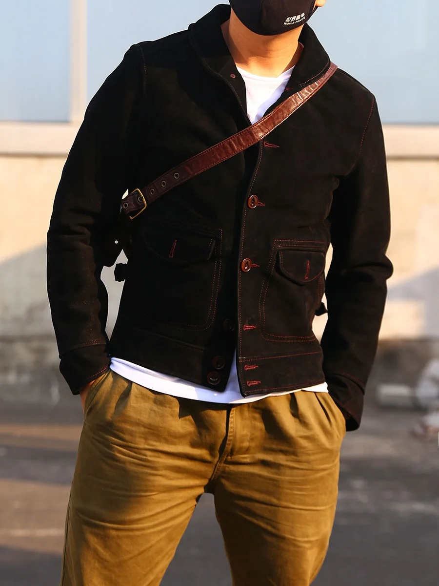 RRL Replicated Matte Top Layer Cowhide Leather Cossack Green Collar Short Motorcycle Jacket Men's Genuine Leather Jacket