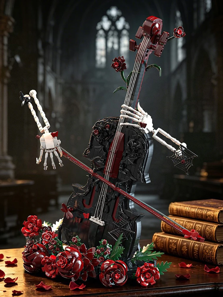 Idea Rote Rose Baustein „Lost Rhyme Chord Song“ Cello Lernspielzeug Skeletthand Konstruktionsbaustein-Sammlung für Geschenke – Detail 4