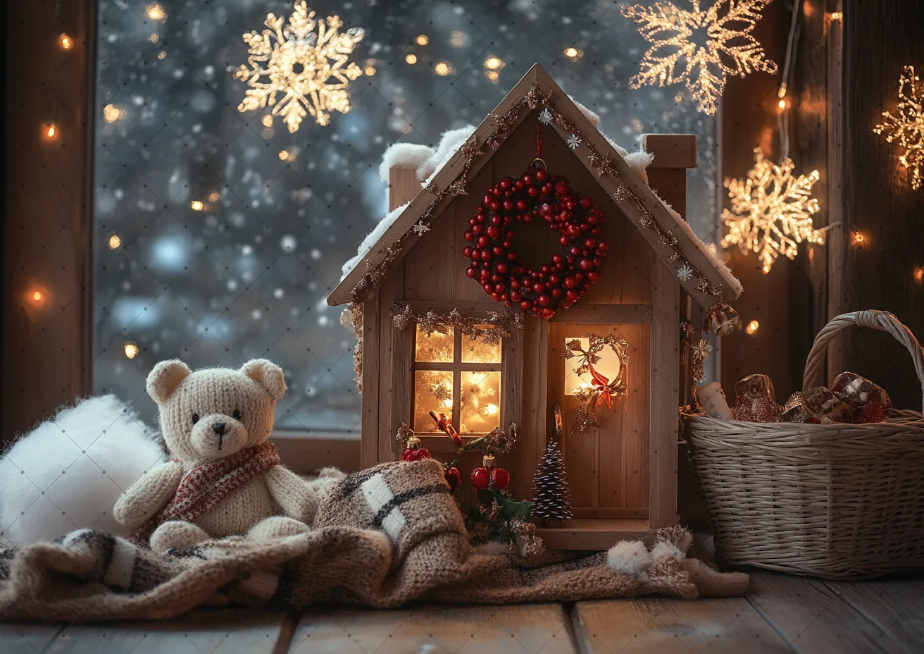 Winter Doll House Photography Background Plaid Blanket Basket Pine Snowflake Backdrop for Kids Xmas Photo Booth Shooting Prop