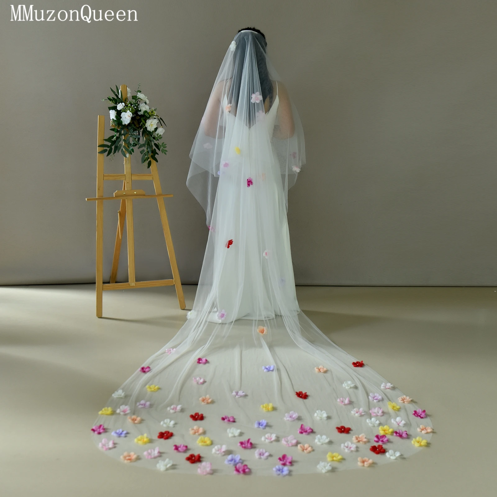 

Свадебная фата TOPQUEEN V276 с 3D цветами, элегантная, с цветами цвета румян, катедральная, 3 м, с разноцветными цветами, из тюля, на заказ