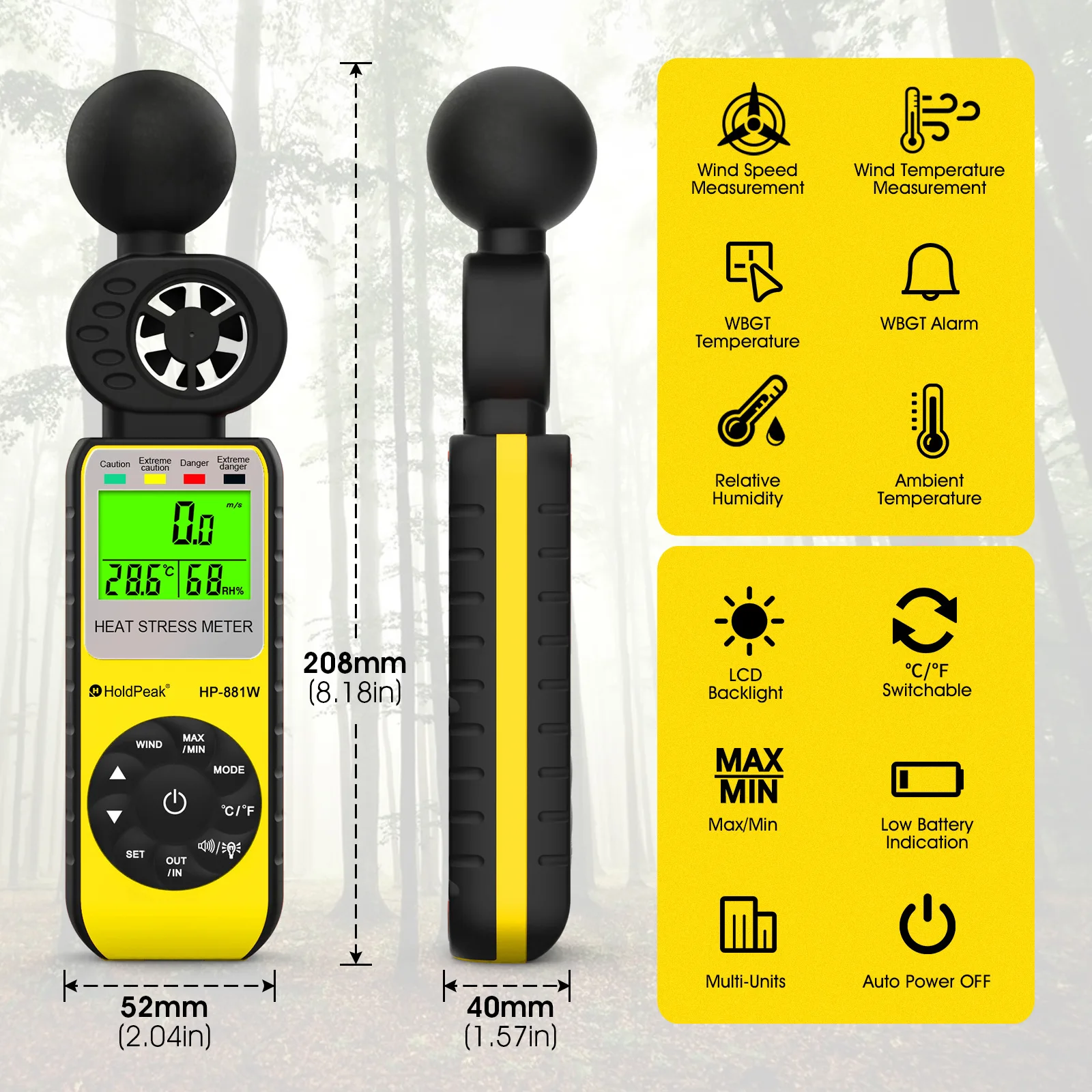 HP-881W(WBGT) Handheld Fan Blade Anemometer And Wind Vane Outdoor Heat Stroke Index Prompt