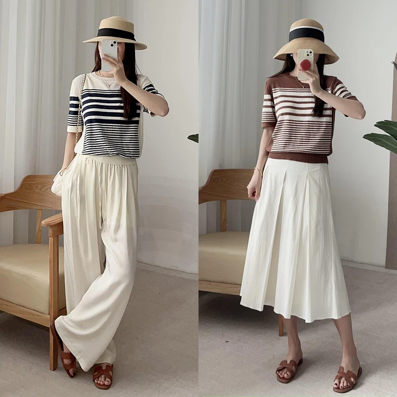 

Ele round Ne Striped Towel Cotton Thin ort Sve Knitted Sweater Women Summer Casual Sle Comfortable Breathable Top