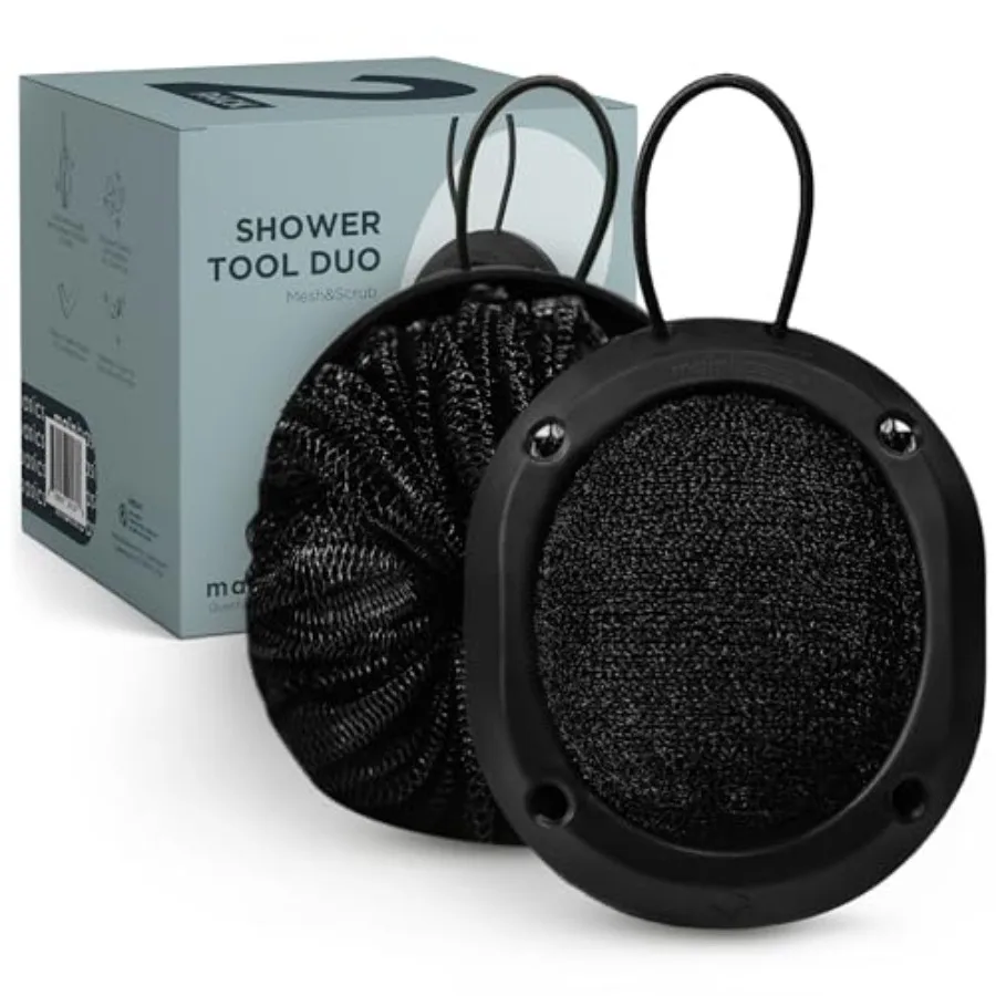 

Shower Tool Duo 2-1 Shower Loofah Sponge and Exfoliating Body Scrubber 2 Pack Black