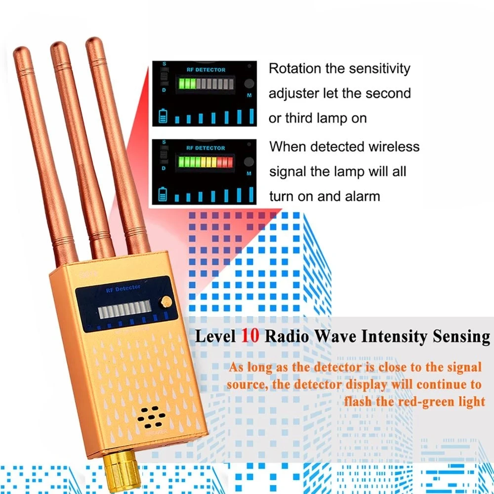 Detector de señal RF de tres antenas, inalámbrico, GSM Audio Bug Detect GPS Lens Finder 2/3G 4G Mobile Phone Camera Scanner 1MHz-8000MHz