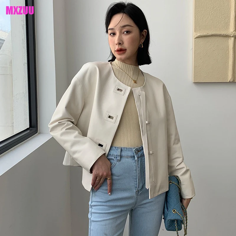 White Leather Jacket Women Spring Autumn Natural Sheepskin Simple Collarless Buckle Rope Design  Short Slim Coat Chaqueta Mujer