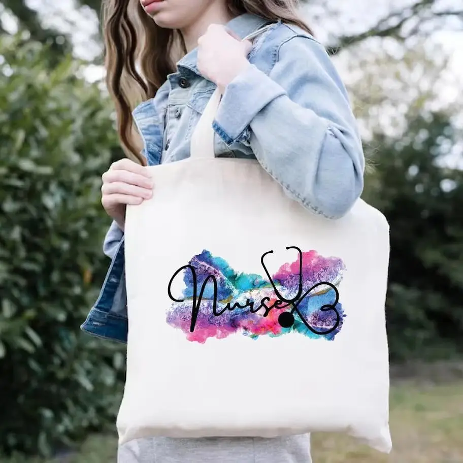 Enfermeira carta impressão sacos de ombro sem zíper menina lona casual eco tote bolsa bonito feminino grande capacidade saco de compras gráfico