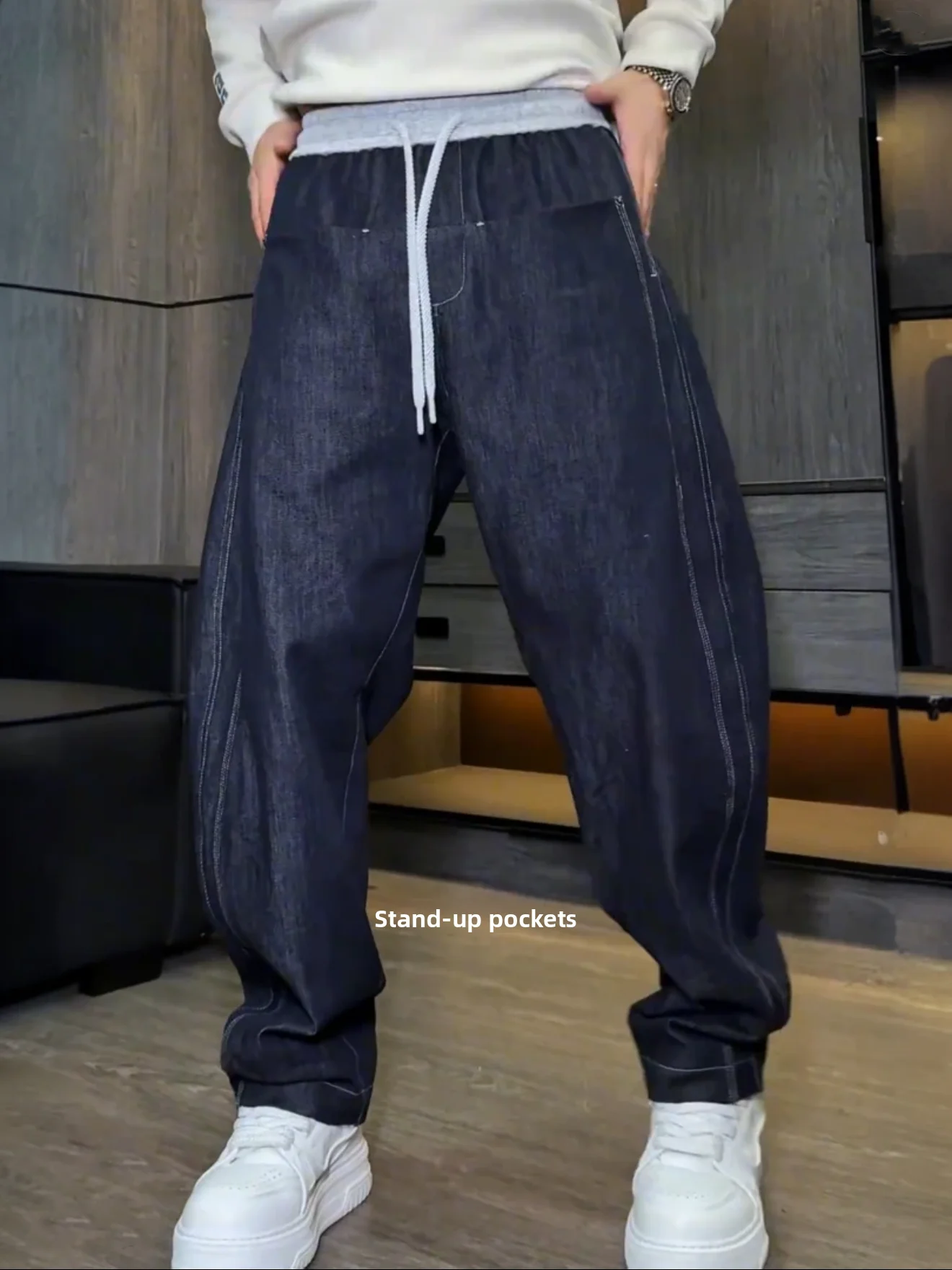 

Мужские джинсовые брюки на весну-осень с утолщенным флисом, модные, с лоскутным дизайном и декоративными швами, с множеством карманов, удлиненные, в пол.