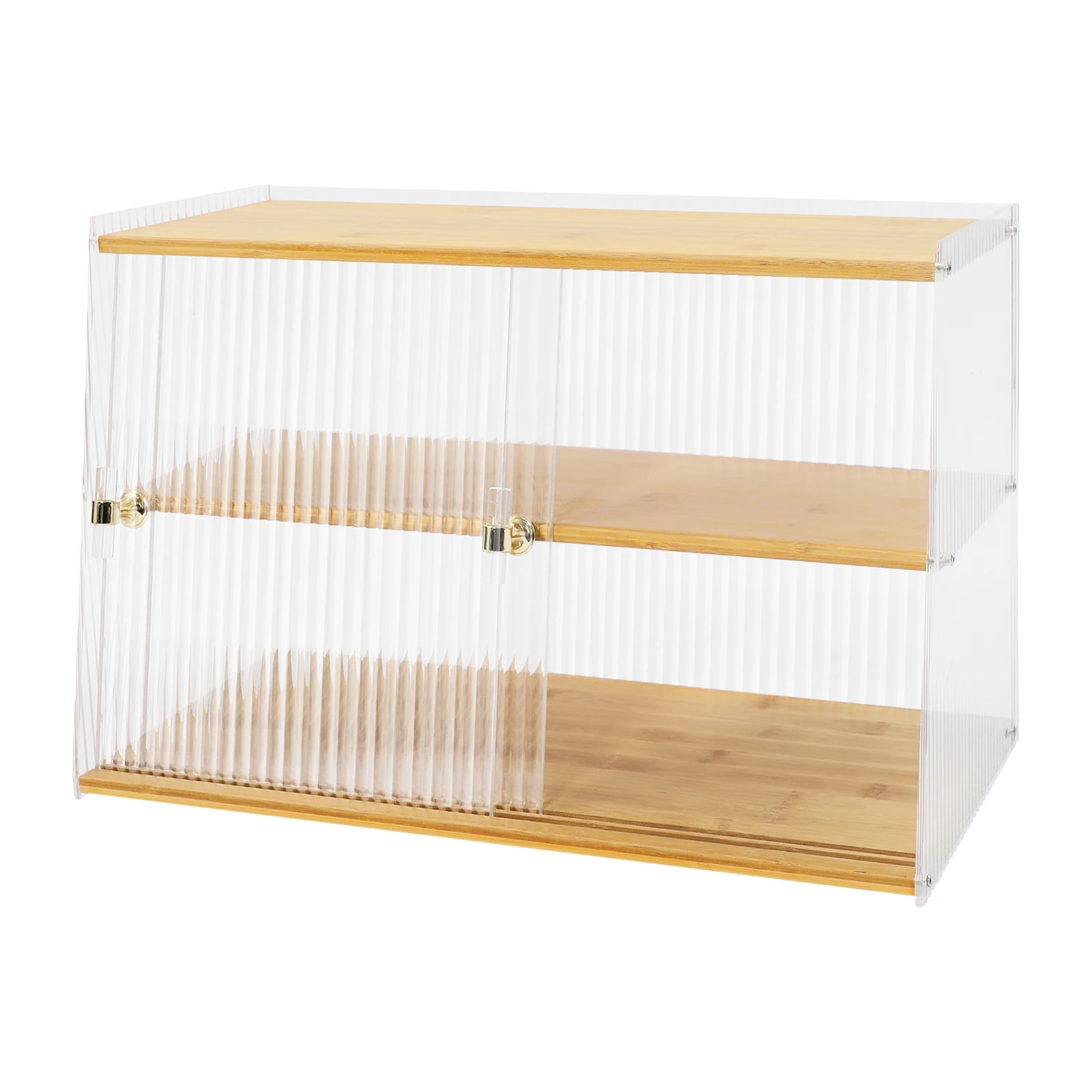 Countertop Food Cabinet with Raised-Edge Top Platform, 2-Tier Acrylic Sliding Door Organizer, Natural Bamboo Finish Sideboard for Kitchen & Living Room