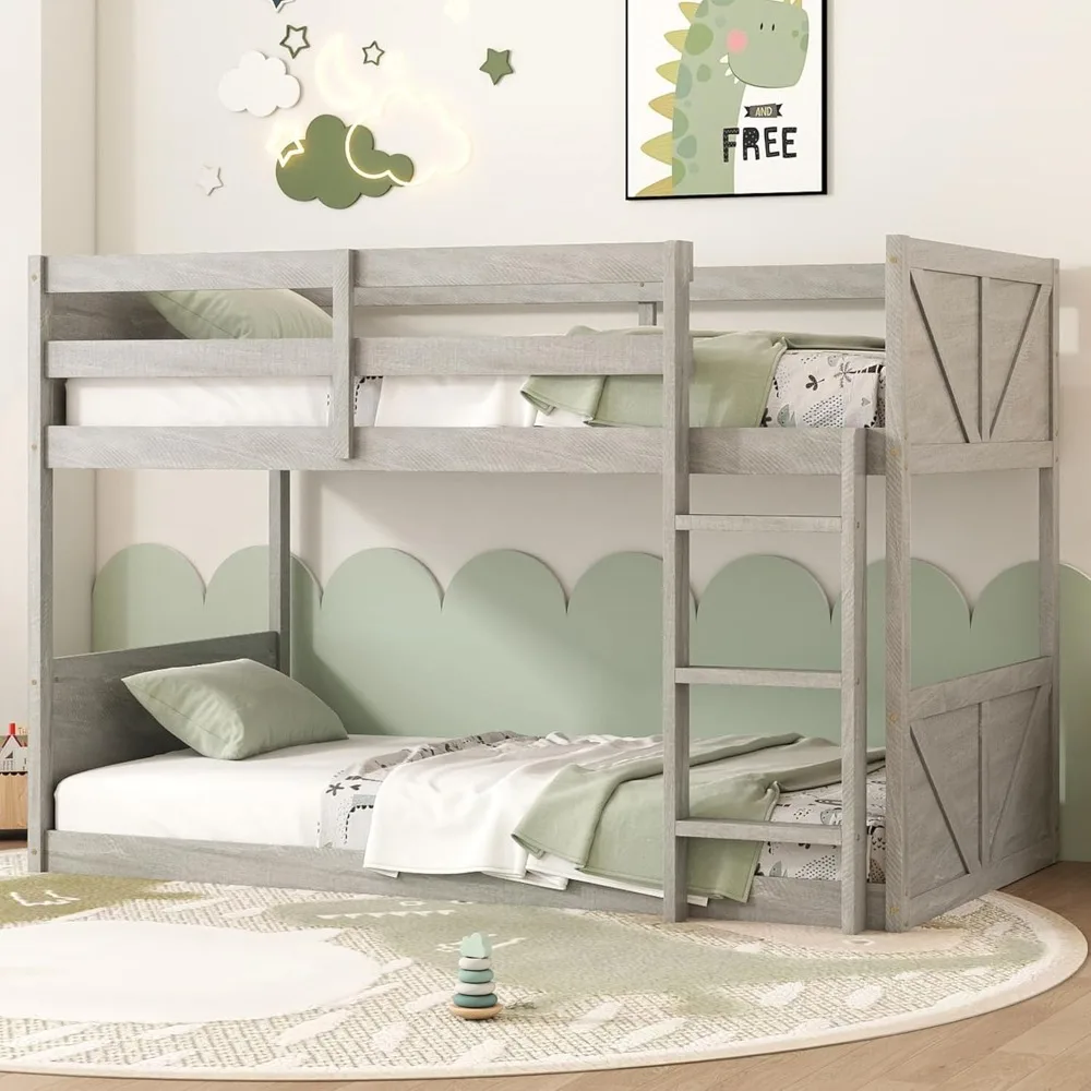 

Bunk Bed Twin Over Twin, Wood Low Profile Floor Twin Bunk Beds with Headboard Ladder Guardrails for Kids Boys and Girls, No Box