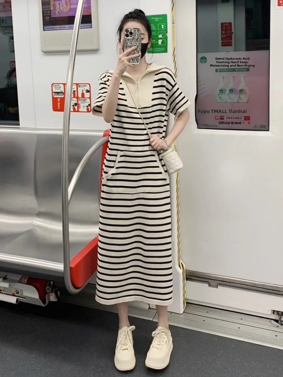 Décontracté Ne rayure ort Sve Dr femmes été Hong Kong Sle ample paresseux Tube droit T-shirt jupe longue Dr