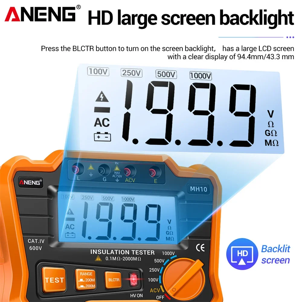 

Настольный тестер сопротивления изоляции ANENG MH10, измеритель сопротивления, Омметр с автоматическим выбором диапазона и ЖК-дисплеем
