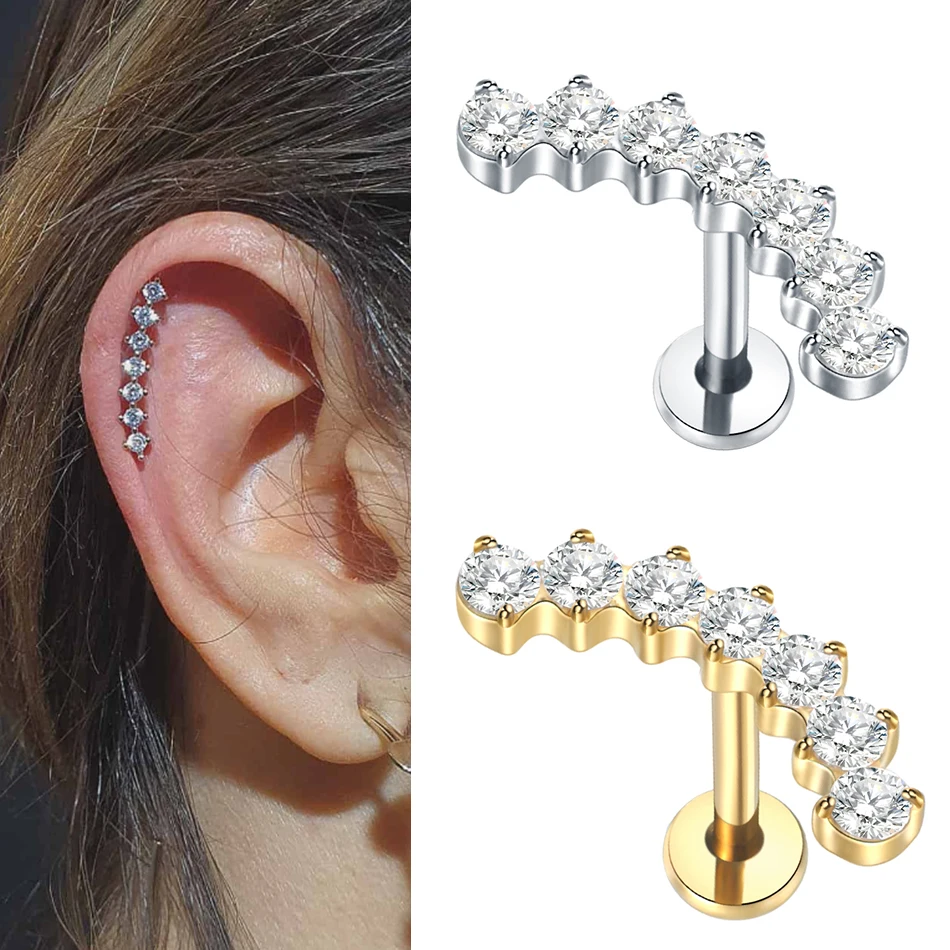 

G23 Titanium Zircon Labret Piercings Lip Rings Gold Color CZ Cartilage Helix Lobe Conch Earring Stud Piercings Women Jewelry 16G