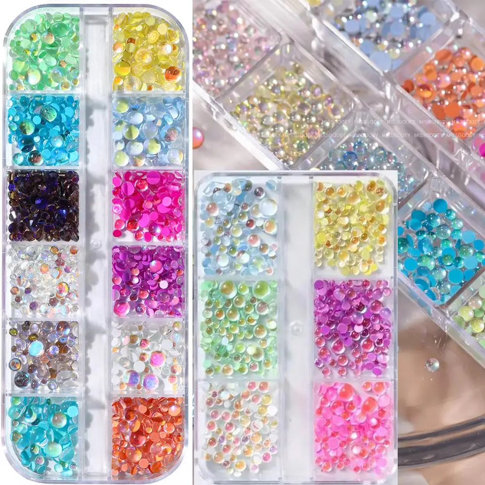 6/12Grids Macaron Color Mermaid Beads Nail Rhinestones Transparent Mixed Round Bead Nail Art Charms for Summer Manicure Supplies