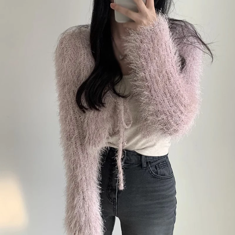 Women Cropped Sweater Imitation Mink Hair V-Neck Long Sleeve Sweater Solid Cardigan Coat Women Autumn Winter Tied Top