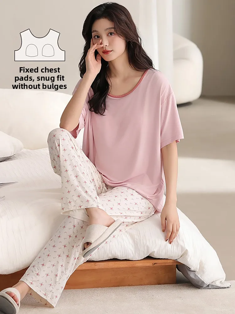 

Women's Summer Spwear Set with Chest Pad Modal Ice Silk Casual ort Sve Long Pants Purple Comfortable Home Clothes